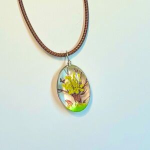 Handmade Lace Dried Flowers Oval Pendant Necklace #13